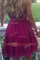 Popular Two Pieces Prom Dresses Fuchsia Halter Top Chiffon Sleeveless Knee Length Criss Cross