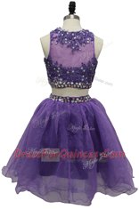 Custom Designed Scoop Lavender Sleeveless Knee Length Beading and Appliques Side Zipper Prom Party Dress