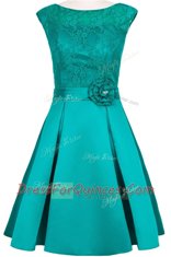 Teal A-line Scoop Cap Sleeves Taffeta and Lace Knee Length Zipper Hand Made Flower Dress for Prom
