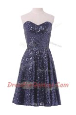 Navy Blue Sleeveless Knee Length Sequins Lace Up Prom Dress