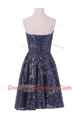Navy Blue Sleeveless Knee Length Sequins Lace Up Prom Dress