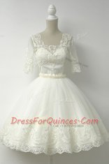 Charming White Half Sleeves Knee Length Lace Zipper Dress for Prom