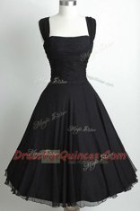 Graceful Black Chiffon Side Zipper Prom Party Dress Sleeveless Tea Length Ruching