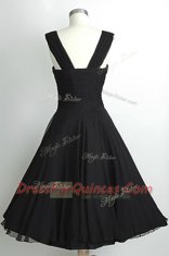 Graceful Black Chiffon Side Zipper Prom Party Dress Sleeveless Tea Length Ruching