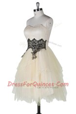 Champagne A-line Tulle Strapless Sleeveless Appliques Knee Length Zipper Prom Dresses