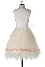Champagne A-line Tulle Strapless Sleeveless Appliques Knee Length Zipper Prom Dresses