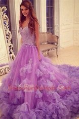 Fantastic Lavender Tulle Backless Prom Dresses Sleeveless With Train Court Train Beading and Hand Made Flower