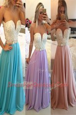Amazing Blue A-line Chiffon Sweetheart Sleeveless Beading Floor Length Clasp Handle Prom Party Dress