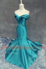 Mermaid Sweetheart Sleeveless Satin Prom Evening Gown Ruching Brush Train Zipper