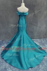 Mermaid Sweetheart Sleeveless Satin Prom Evening Gown Ruching Brush Train Zipper