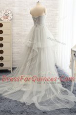 Grey Tulle Lace Up Sweetheart Sleeveless Evening Dress Court Train Beading