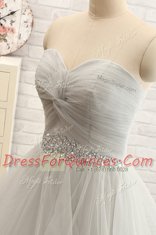 Grey Tulle Lace Up Sweetheart Sleeveless Evening Dress Court Train Beading