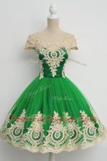 Comfortable Green A-line Tulle Square Cap Sleeves Lace Knee Length Zipper Homecoming Dress