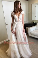 Lace Dress for Prom White Lace Up Cap Sleeves Floor Length