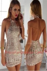 Fantastic Champagne Dress for Prom Prom and Party and For with Ruching Halter Top Sleeveless Zipper