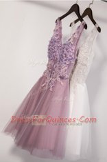 Sumptuous Lavender Homecoming Dress Prom and Party and For with Appliques V-neck Sleeveless Zipper
