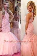 Sophisticated Scoop Pink Mermaid Lace Backless Tulle Sleeveless Floor Length