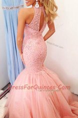 Sophisticated Scoop Pink Mermaid Lace Backless Tulle Sleeveless Floor Length