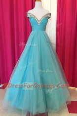 Modest Blue Off The Shoulder Neckline Beading Homecoming Dress Sleeveless Backless