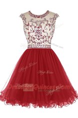 Exquisite Wine Red A-line Scoop Cap Sleeves Tulle Mini Length Zipper Beading Prom Evening Gown