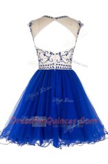 Exquisite Wine Red A-line Scoop Cap Sleeves Tulle Mini Length Zipper Beading Prom Evening Gown