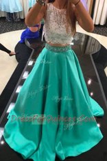 Wonderful A-line Prom Gown Turquoise Scoop Satin Sleeveless With Train Zipper