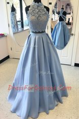 Light Blue High-neck Neckline Lace Homecoming Dress Sleeveless Criss Cross