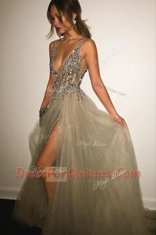 Super A-line Sleeveless Champagne Homecoming Dress Sweep Train Backless