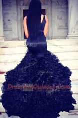 Mermaid V-neck Sleeveless Prom Party Dress Sweep Train Ruffles Navy Blue Satin