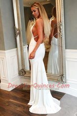 Attractive Mermaid V-neck Sleeveless Elastic Woven Satin Prom Party Dress Ruching Brush Train Backless