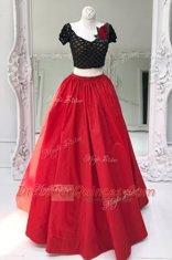 Discount Red Zipper Prom Evening Gown Beading and Ruffles Short Sleeves Floor Length