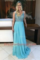 High Class V-neck Sleeveless Dress for Prom With Train Sweep Train Beading Baby Blue Chiffon