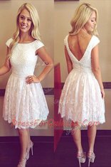 Pretty Lace Scoop Cap Sleeves Zipper Lace Prom Party Dress in White