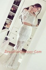 Enchanting Mermaid Off the Shoulder Lace Long Sleeves Floor Length Homecoming Dress and Lace