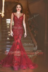 Dramatic Mermaid Spaghetti Straps Sleeveless Tulle Evening Dress Appliques and Sequins Sweep Train Backless