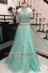 Apple Green Backless Halter Top Beading Prom Gown Tulle Sleeveless Sweep Train