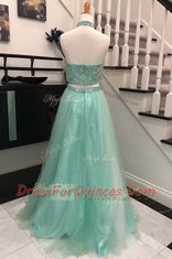 Apple Green Backless Halter Top Beading Prom Gown Tulle Sleeveless Sweep Train