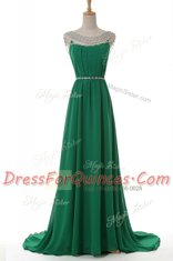 Scoop Green Column/Sheath Belt Prom Party Dress Side Zipper Elastic Woven Satin Sleeveless With Train