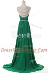 Scoop Green Column/Sheath Belt Prom Party Dress Side Zipper Elastic Woven Satin Sleeveless With Train