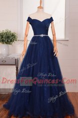 Low Price Off the Shoulder With Train A-line Sleeveless Navy Blue Prom Party Dress Brush Train Zipper