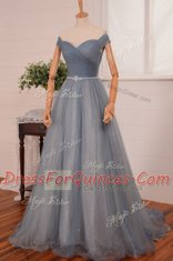 Low Price Off the Shoulder With Train A-line Sleeveless Navy Blue Prom Party Dress Brush Train Zipper