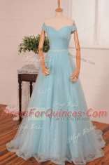 Low Price Off the Shoulder With Train A-line Sleeveless Navy Blue Prom Party Dress Brush Train Zipper