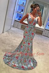 Artistic Mermaid V-neck Sleeveless Sweep Train Zipper Dress for Prom Blue Chiffon