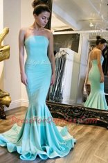 Mermaid Baby Blue Prom Evening Gown Prom and Party and For with Ruching Strapless Sleeveless Sweep Train Zipper