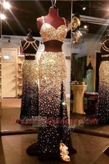 Gold Mermaid Beading Evening Dress Backless Tulle Sleeveless With Train