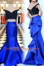 Decent Mermaid Royal Blue Off The Shoulder Neckline Ruffles Prom Party Dress Short Sleeves Zipper