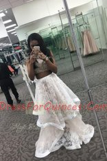 Scoop Lace Sleeveless Sweep Train Zipper With Train Beading and Ruffles Homecoming Dress