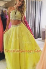 Yellow Zipper Halter Top Beading Prom Party Dress Chiffon Sleeveless