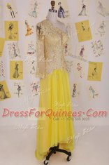 New Style One Shoulder High Low Side Zipper Prom Party Dress Yellow for Prom and Party with Appliques