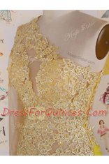 New Style One Shoulder High Low Side Zipper Prom Party Dress Yellow for Prom and Party with Appliques